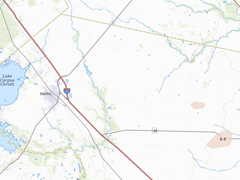 Radar-estimated hail-size map of the storm over Mathis, TX on May 19, 2026