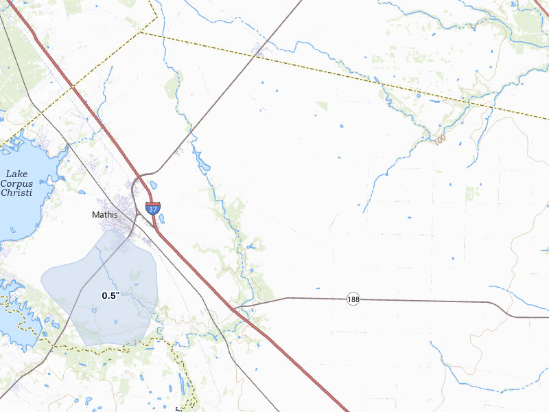 NEXRAD radar-signature map of the hail storm over Mathis, TX on Jul 7, 2026