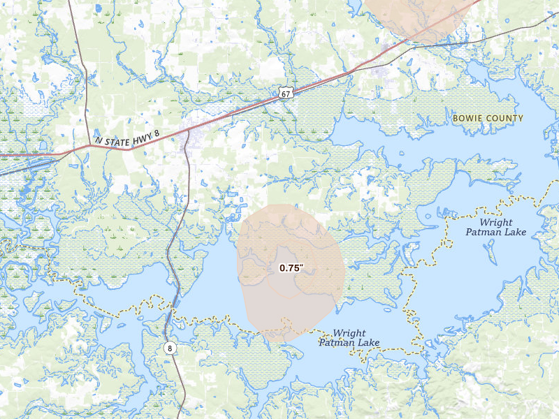 Radar-estimated hail-size map of the storm over Maud, TX on Jun 2, 2026