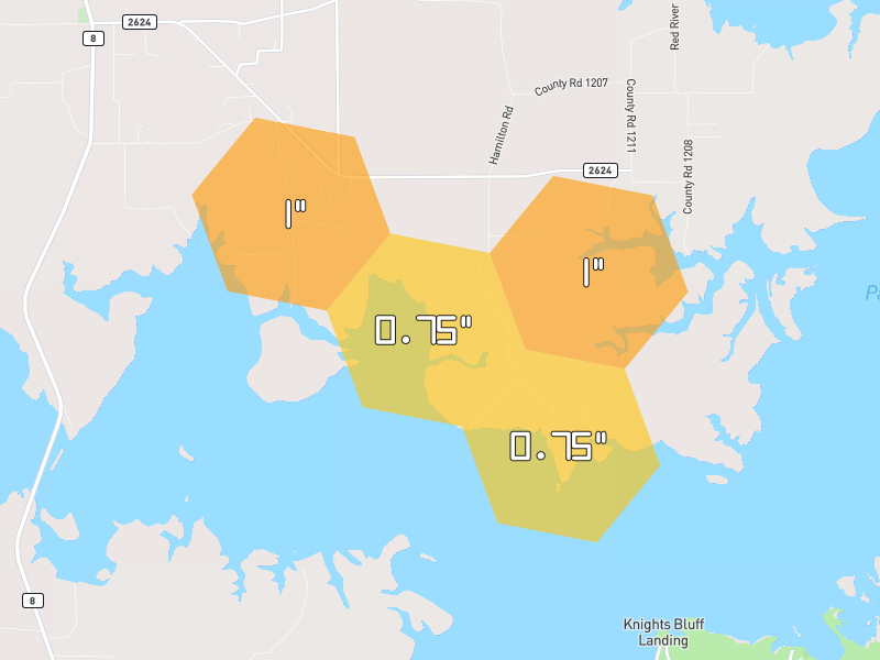 Hail map of Maud, TX on Jun 2, 2026, hail up to 1"