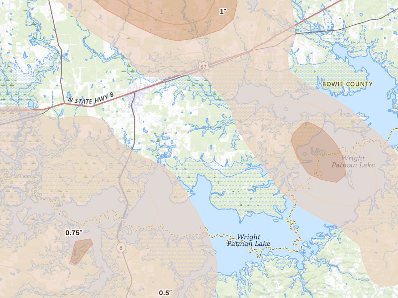 Radar-estimated hail-size map of the storm over Maud, TX on Jun 22, 2026