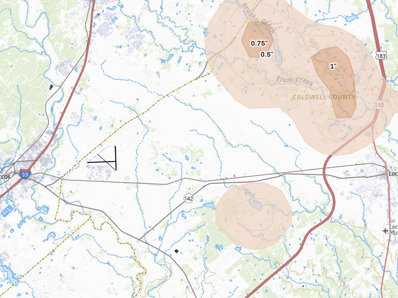 Radar-estimated hail-size map of the storm over Maxwell, TX on Aug 27, 2026