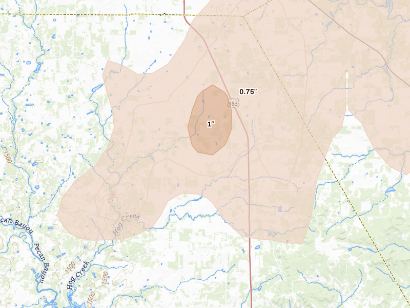 Radar-estimated hail-size map of the storm over May, TX on May 22, 2026