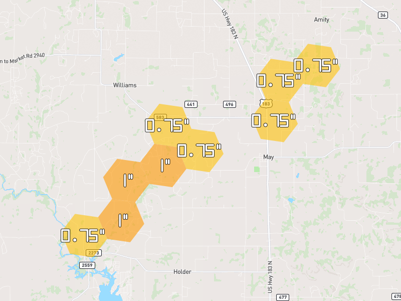 Hail map of May, TX on Jun 7, 2026, hail up to 1"