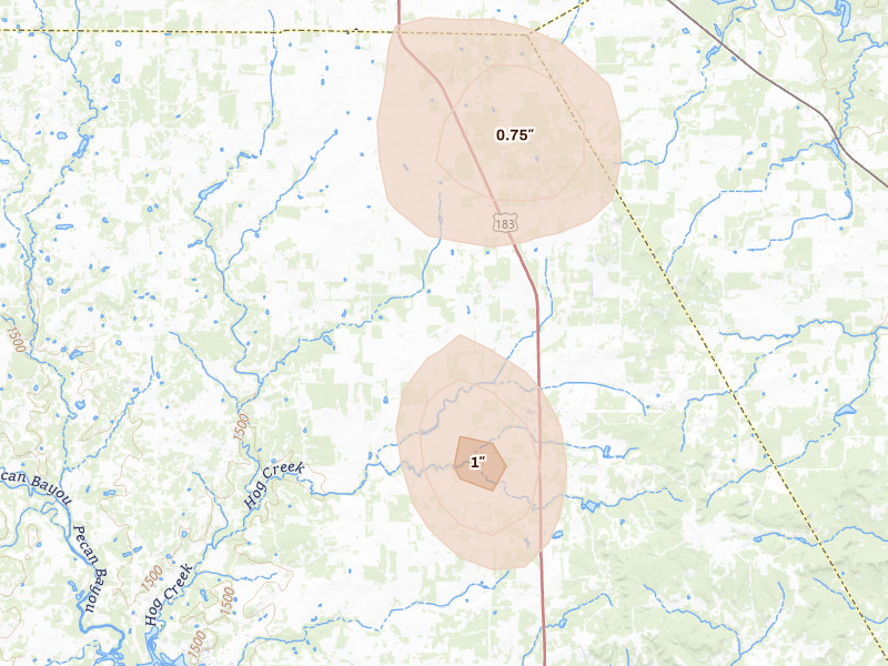 Radar-estimated hail-size map of the storm over May, TX on Jul 5, 2026