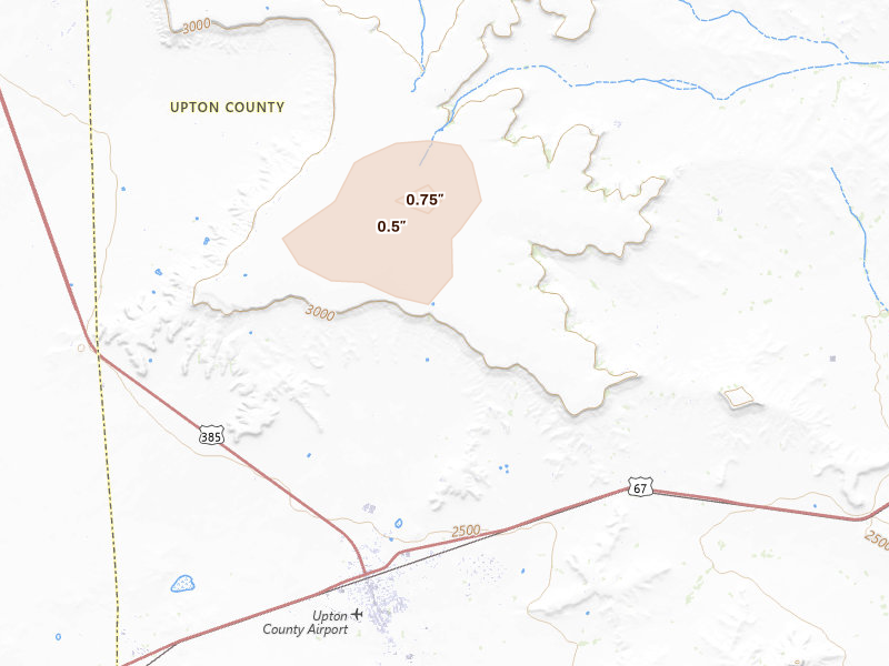 Radar-estimated hail-size map of the storm over Mc Camey, TX on Apr 27, 2026