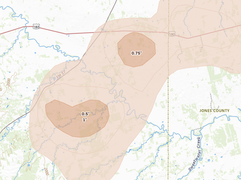 Radar-estimated hail-size map of the storm over Mc Caulley, TX on Jul 5, 2026