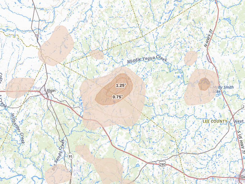 Radar-estimated hail-size map of the storm over Mc Dade, TX on Aug 28, 2026