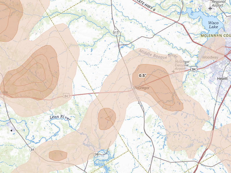 Radar-estimated hail-size map of the storm over Mc Gregor, TX on May 10, 2026