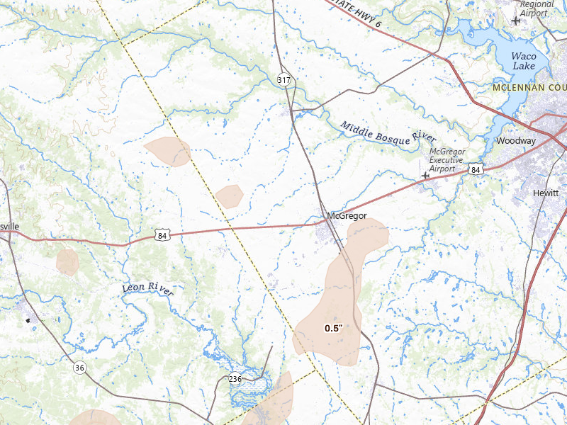Radar-estimated hail-size map of the storm over Mc Gregor, TX on Jun 2, 2026