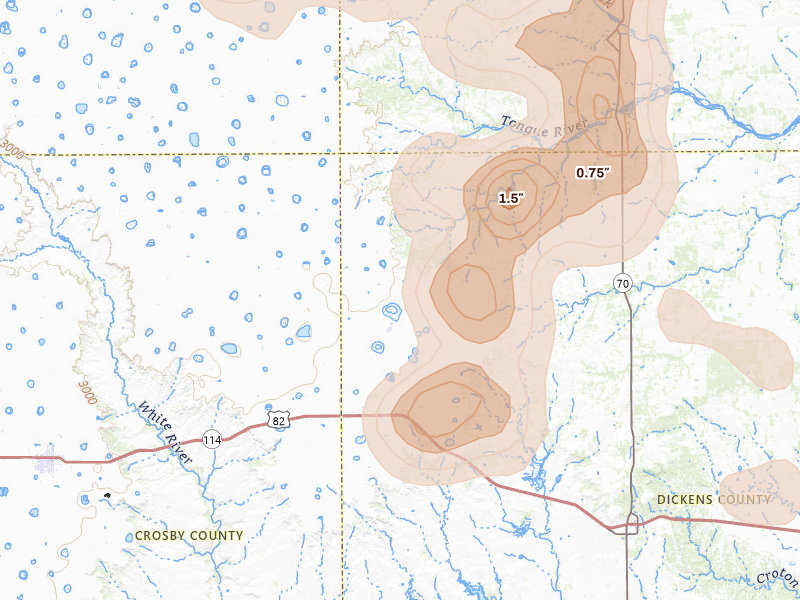 Radar-estimated hail-size map of the storm over Mcadoo, TX on Jul 5, 2026