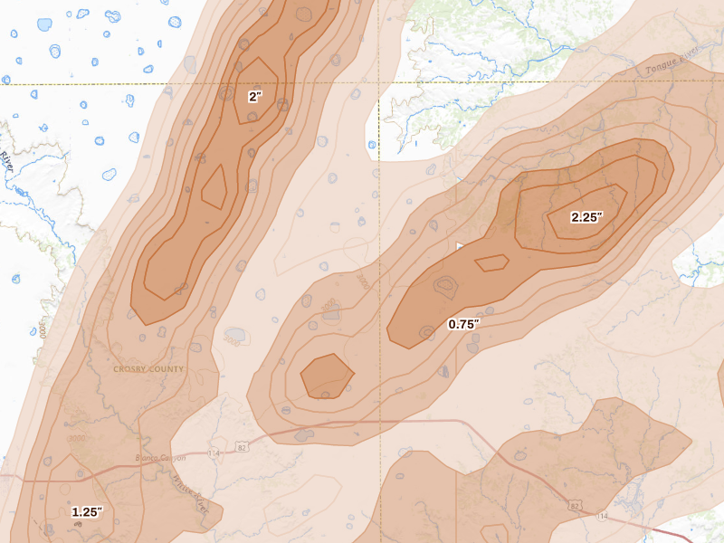 Radar-estimated hail-size map of the storm over Mcadoo, TX