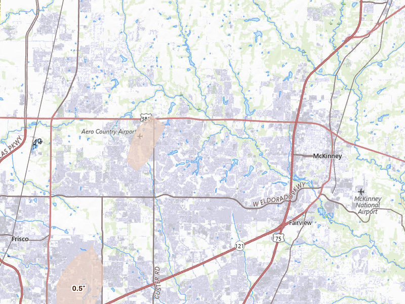 Radar-estimated hail-size map of the storm over Mckinney, TX on Mar 6, 2026