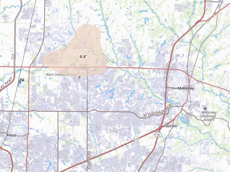 Radar-estimated hail-size map of the storm over Mckinney, TX on May 8, 2026