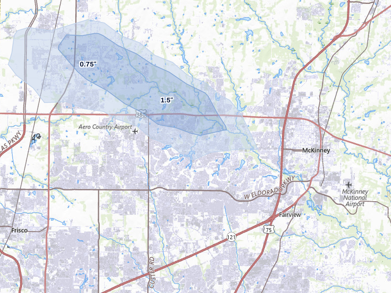 NEXRAD radar-signature map of the hail storm over Mckinney, TX on May 8, 2026