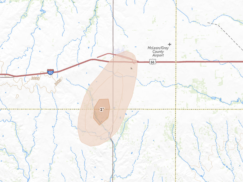 Radar-estimated hail-size map of the storm over Mclean, TX on Jun 30, 2026