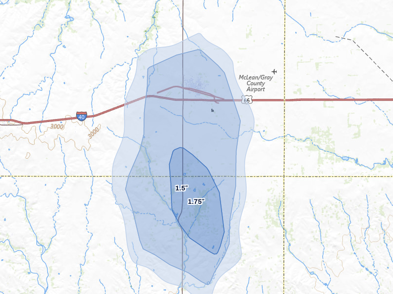 NEXRAD radar-signature map of the hail storm over Mclean, TX on Jun 30, 2026