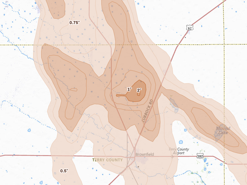 Radar-estimated hail-size map of the storm over Meadow, TX on Jun 23, 2026