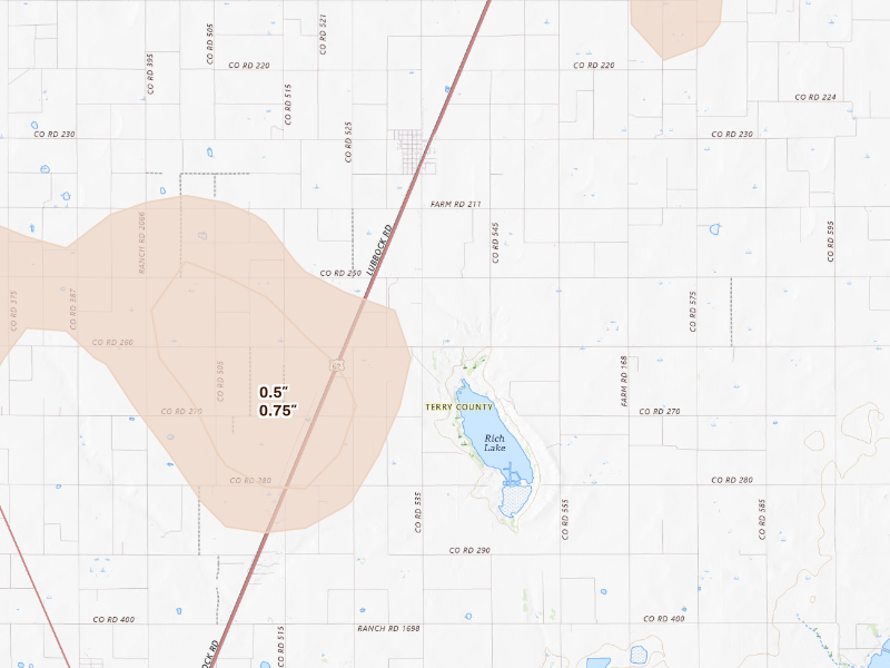 Radar-estimated hail-size map of the storm over Meadow, TX