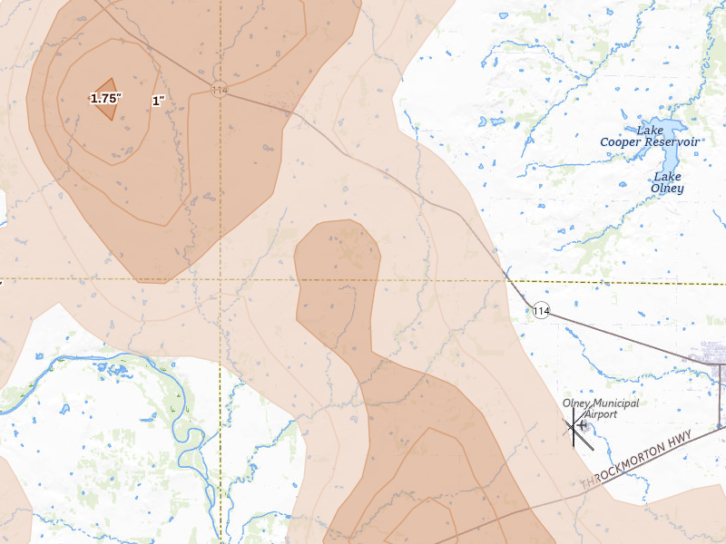 Radar-estimated hail-size map of the storm over Megargel, TX on May 8, 2026