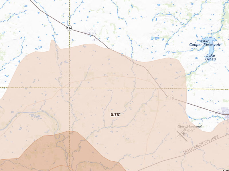 Radar-estimated hail-size map of the storm over Megargel, TX on Jun 18, 2026