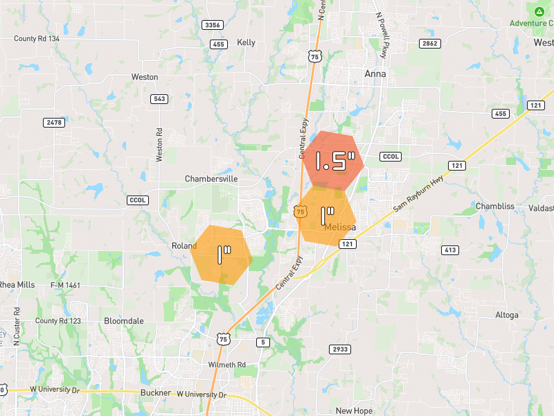 Hail map of Melissa, TX on Jun 7, 2026, hail up to 1.5"