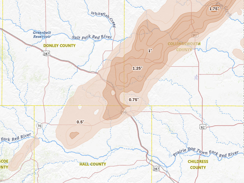 Radar-estimated hail-size map of the storm over Memphis, TX on Mar 5, 2026