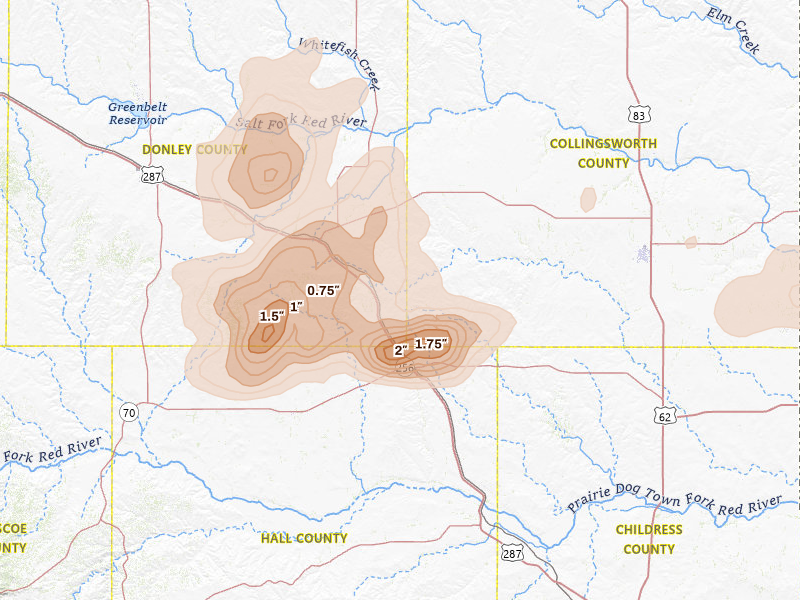 Radar-estimated hail-size map of the storm over Memphis, TX on Mar 30, 2026