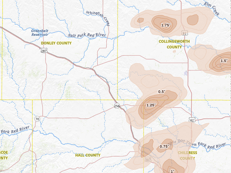 Radar-estimated hail-size map of the storm over Memphis, TX on Mar 31, 2026