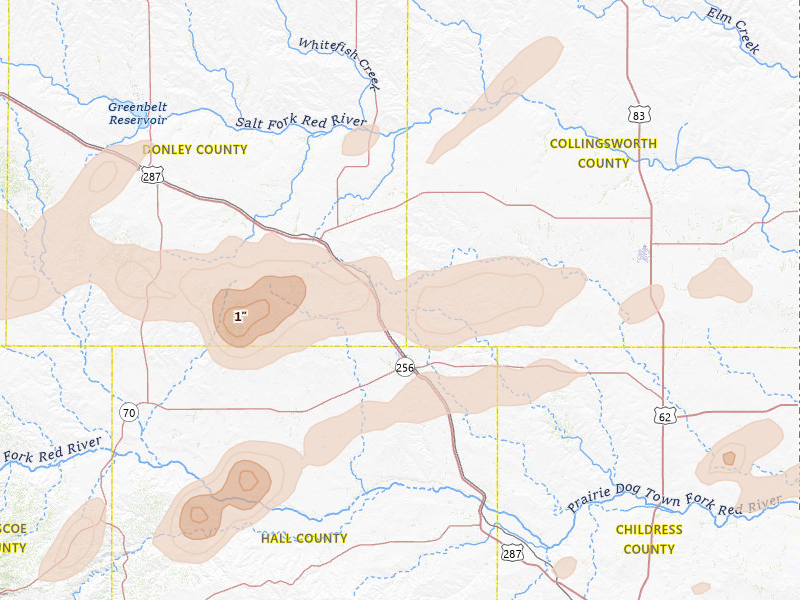 Radar-estimated hail-size map of the storm over Memphis, TX on May 29, 2026