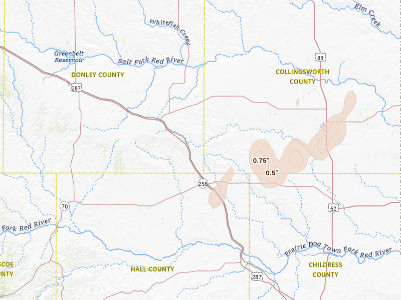 Radar-estimated hail-size map of the storm over Memphis, TX on Jun 5, 2026