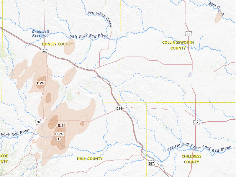 Radar-estimated hail-size map of the storm over Memphis, TX on Jun 30, 2026