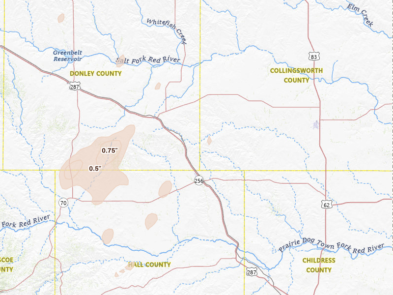 Radar-estimated hail-size map of the storm over Memphis, TX on Jul 1, 2026