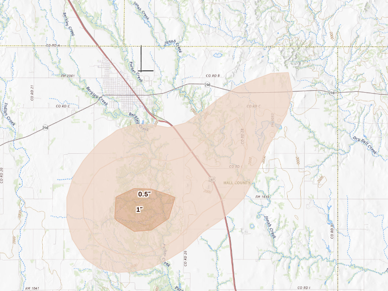 Radar-estimated hail-size map of the storm over Memphis, TX