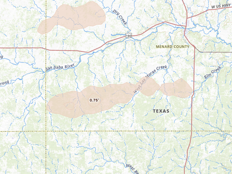 Radar-estimated hail-size map of the storm over Menard, TX on Apr 1, 2026
