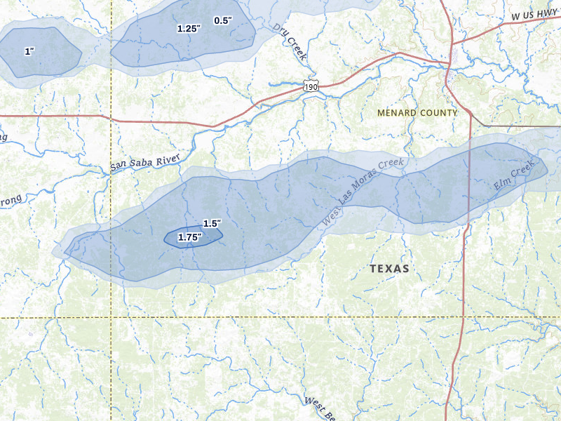NEXRAD radar-signature map of the hail storm over Menard, TX on Apr 1, 2026