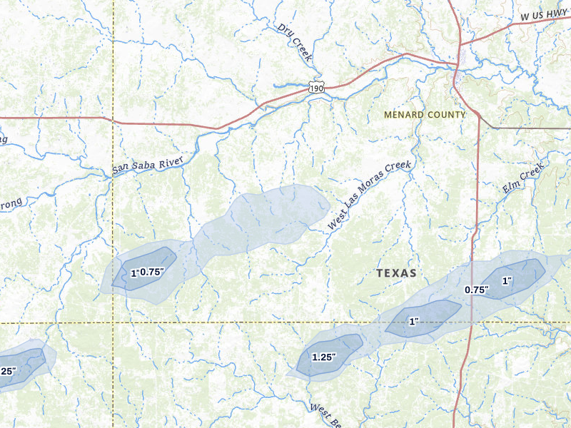 NEXRAD radar-signature map of the hail over Menard, TX