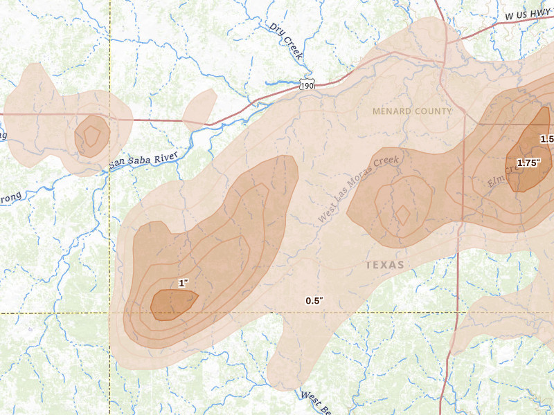 Radar-estimated hail-size map of the storm over Menard, TX on May 19, 2026