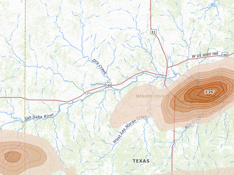 Radar-estimated hail-size map of the storm over Menard, TX on May 20, 2026