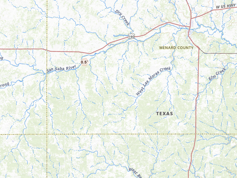 Radar-estimated hail-size map of the storm over Menard, TX on Jun 2, 2026