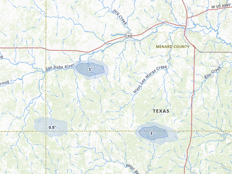 NEXRAD radar-signature map of the hail over Menard, TX