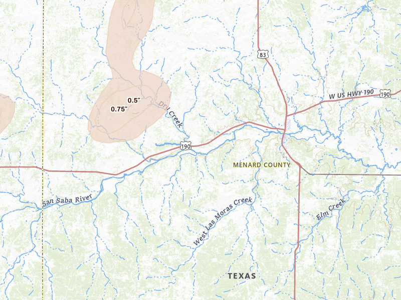 Radar-estimated hail-size map of the storm over Menard, TX on Jun 19, 2026