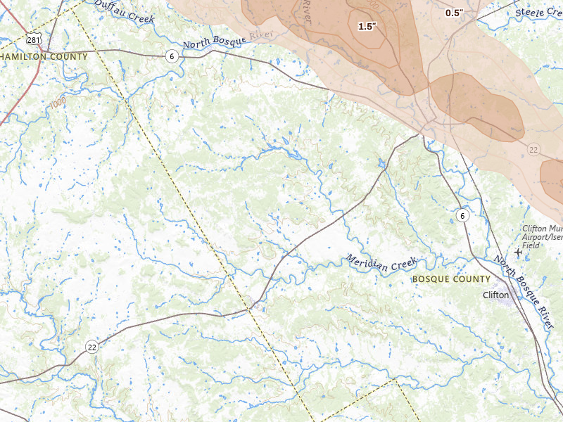 Radar-estimated hail-size map of the storm over Meridian, TX on Apr 28, 2026