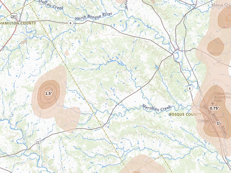 Radar-estimated hail-size map of the storm over Meridian, TX on May 19, 2026