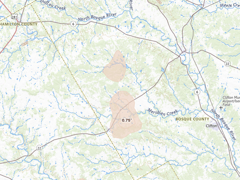 Radar-estimated hail-size map of the storm over Meridian, TX on Jun 2, 2026