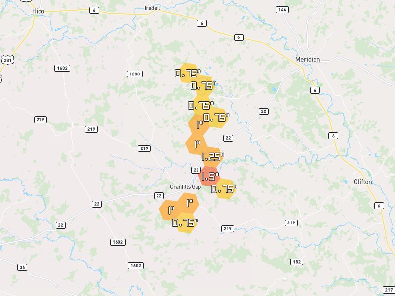 Hail map of Meridian, TX on Jun 2, 2026, hail up to 1.5"