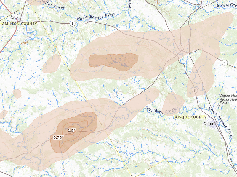 Radar-estimated hail-size map of the storm over Meridian, TX on Jun 6, 2026