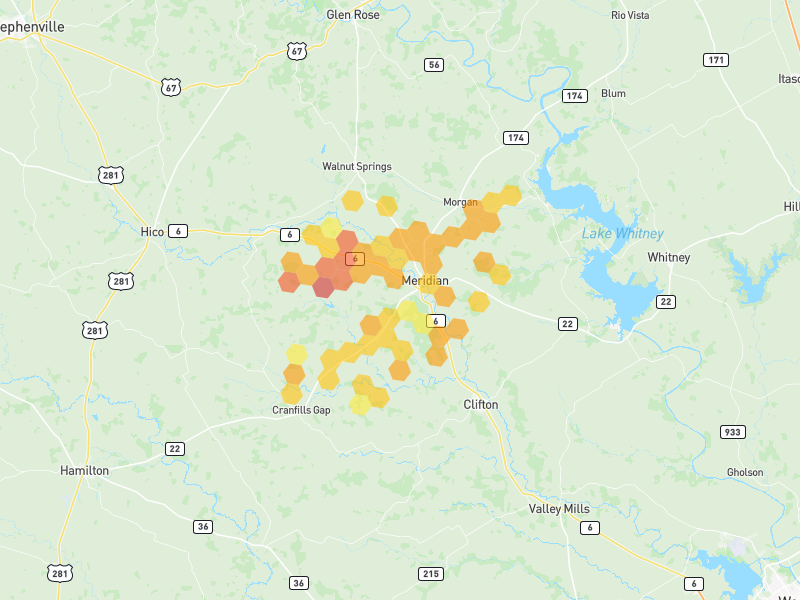 Hail map of Meridian, TX on Jun 7, 2026, hail up to 2"