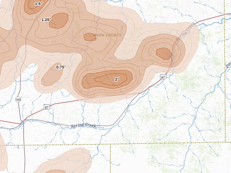 Radar-estimated hail-size map of the storm over Mertzon, TX on May 19, 2026