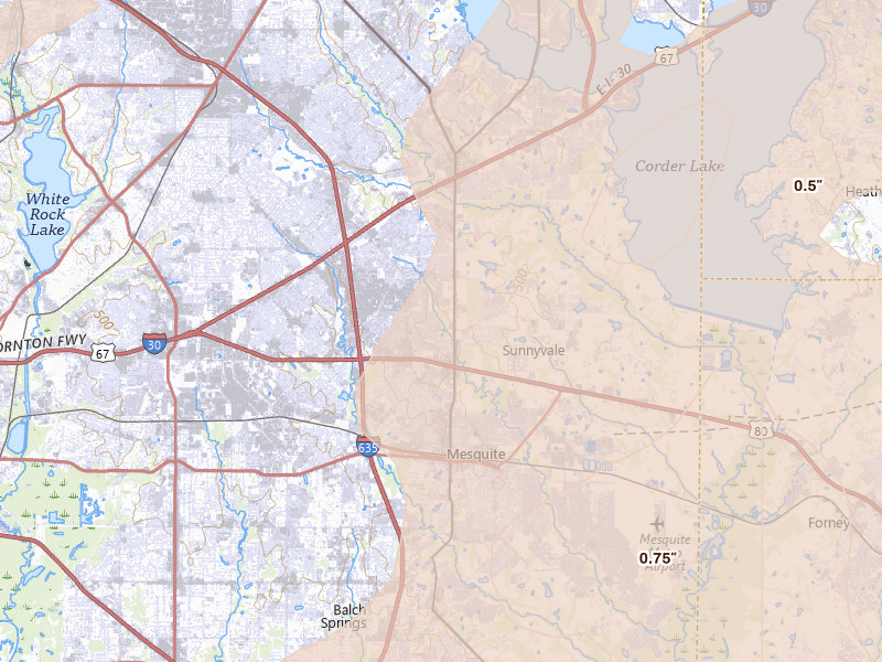 Radar-estimated hail-size map of the storm over Mesquite, TX on Mar 4, 2026